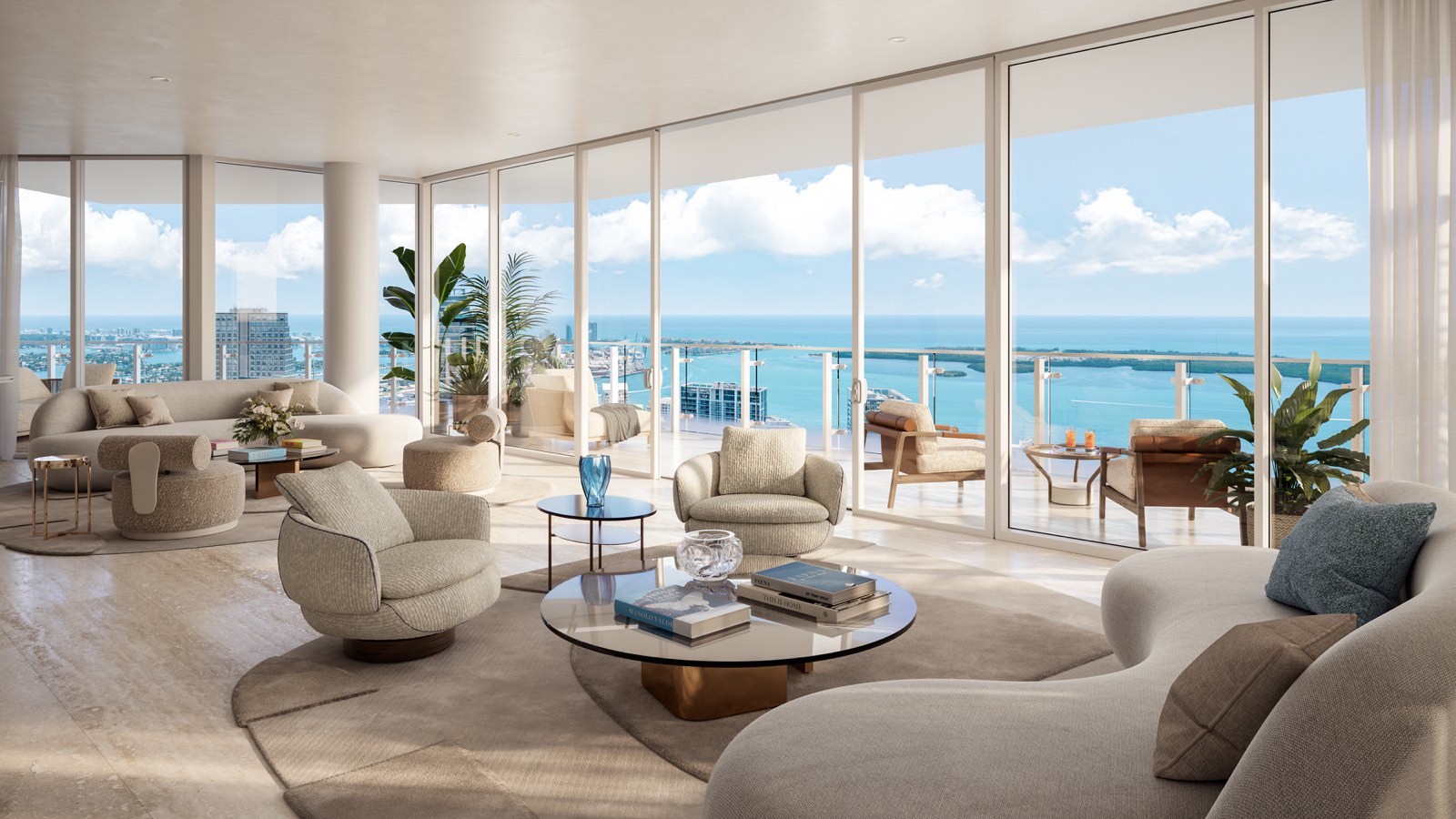 Developer rendering: Living room over the bay, Faena Residences Miami