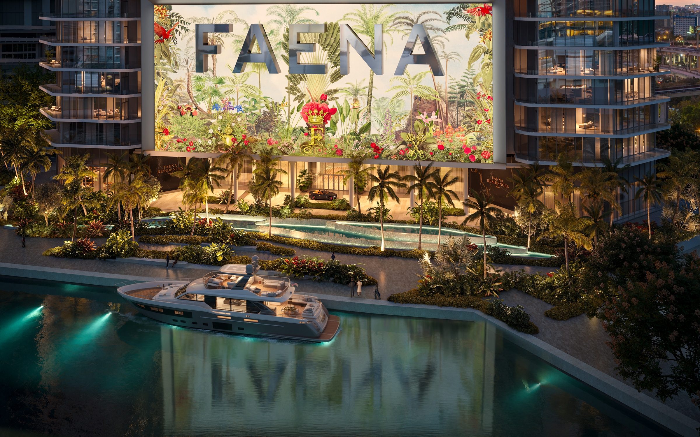 A yacht at the Faena Residences dock on the Miami River