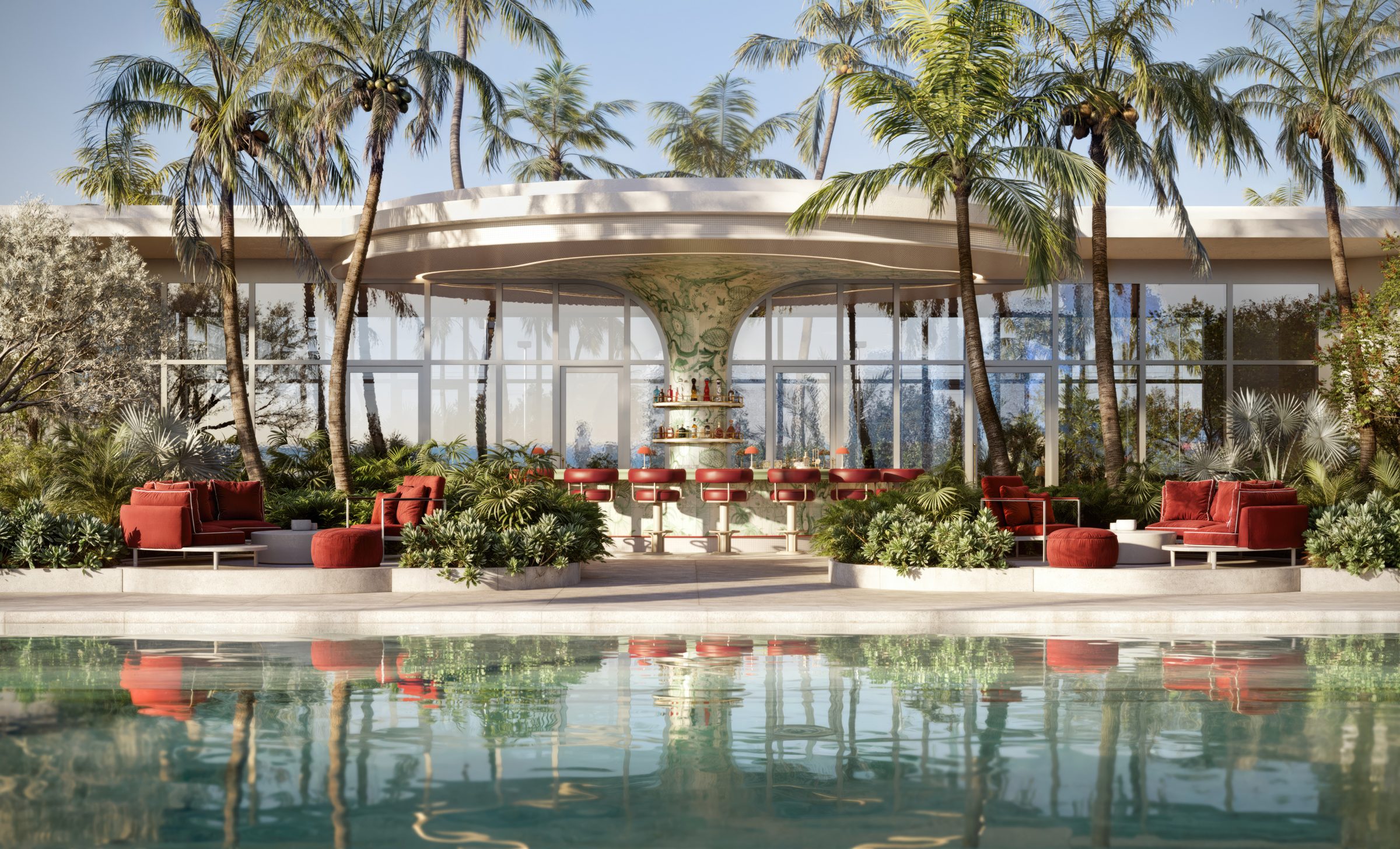 Developer rendering: Pool and juice bar, Faena Residences Miami