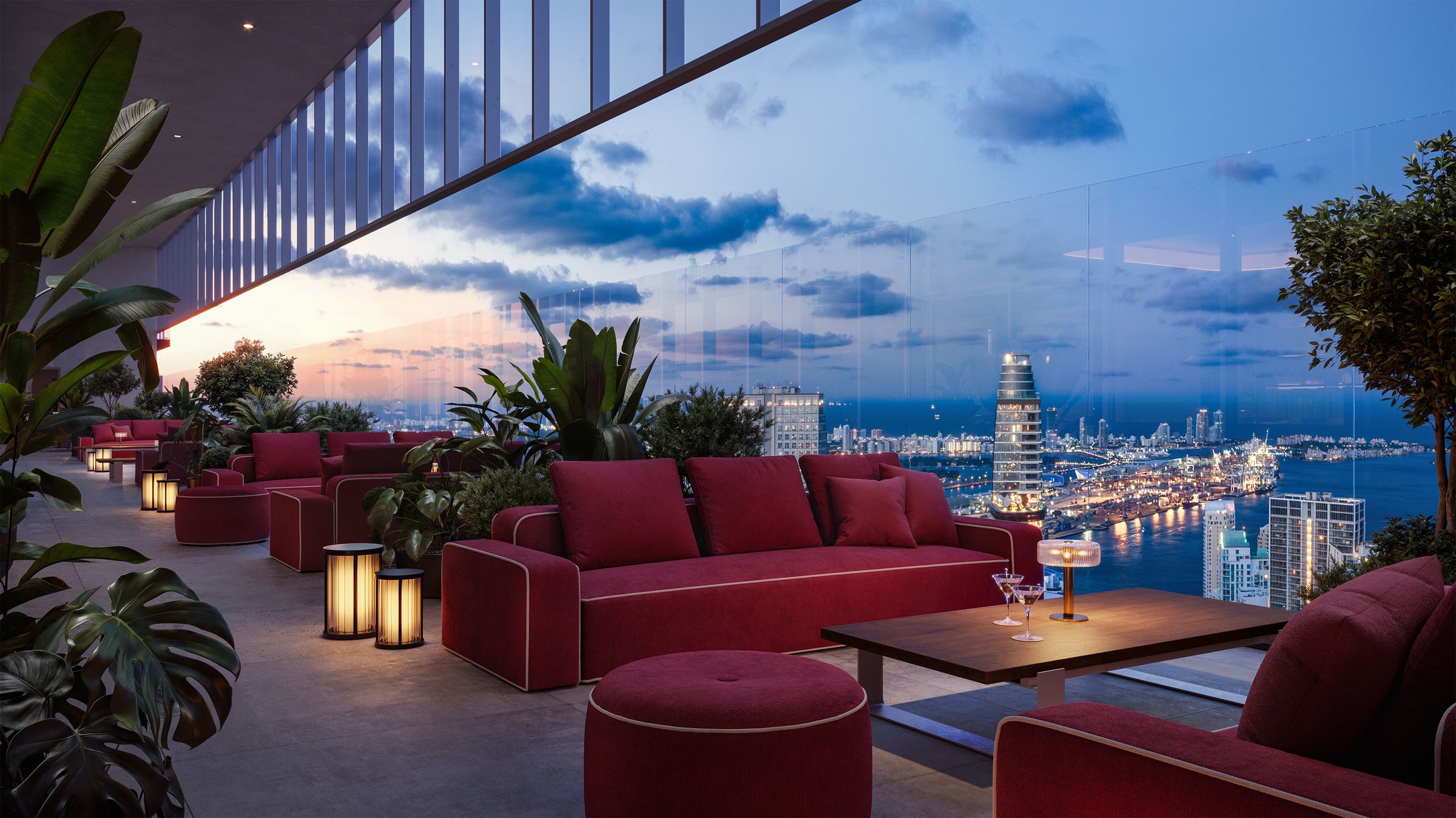 Developer rendering: Terrace at night, Faena Residences Miami